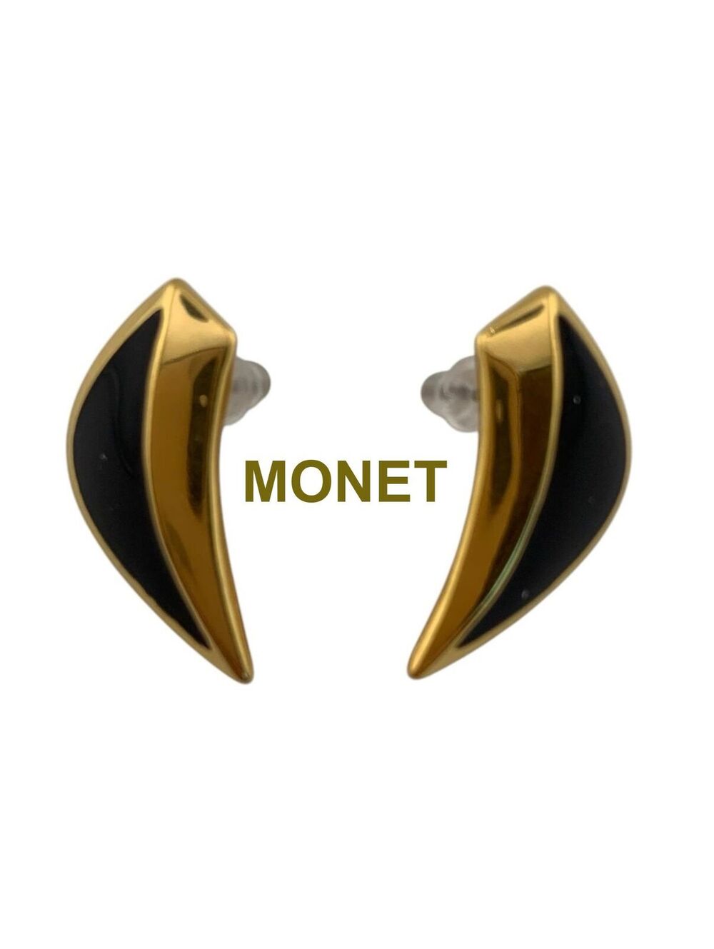 Monet Vintage Gold Plate and Black Enamel Curved Triangle Earrings 1 Inch